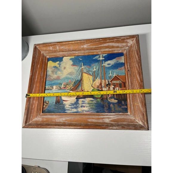 Vintage Framed Nautical Seascape Painting Harbor Boats Pier Art Wall Decor - Picture 2 of 5